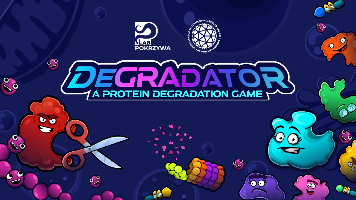 Title panel depicting logo of the DEGRADATOR game, logos of the Pokrzywa Laboratory and International Institute of Molecular and Cell Biology in Warsaw - IIMCB and several game characters